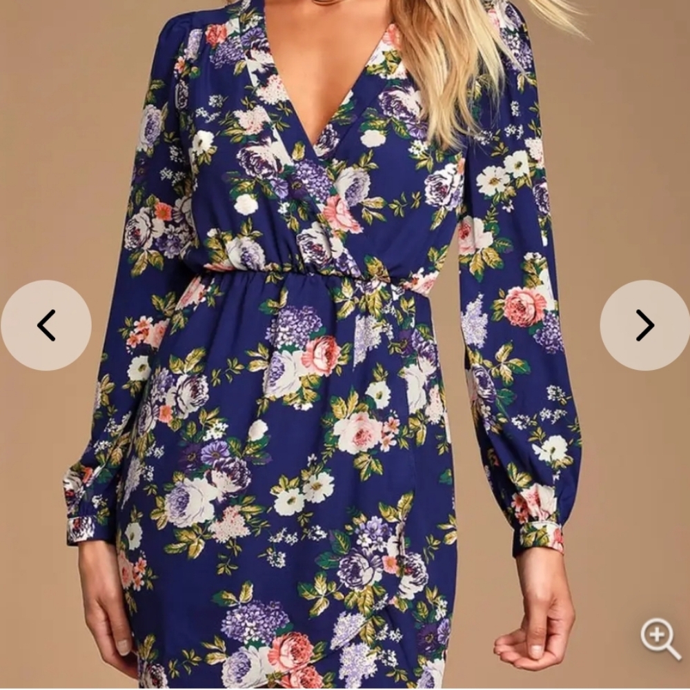 Lulu's That's Wrap Navy Blue Floral Print Mini Dress.